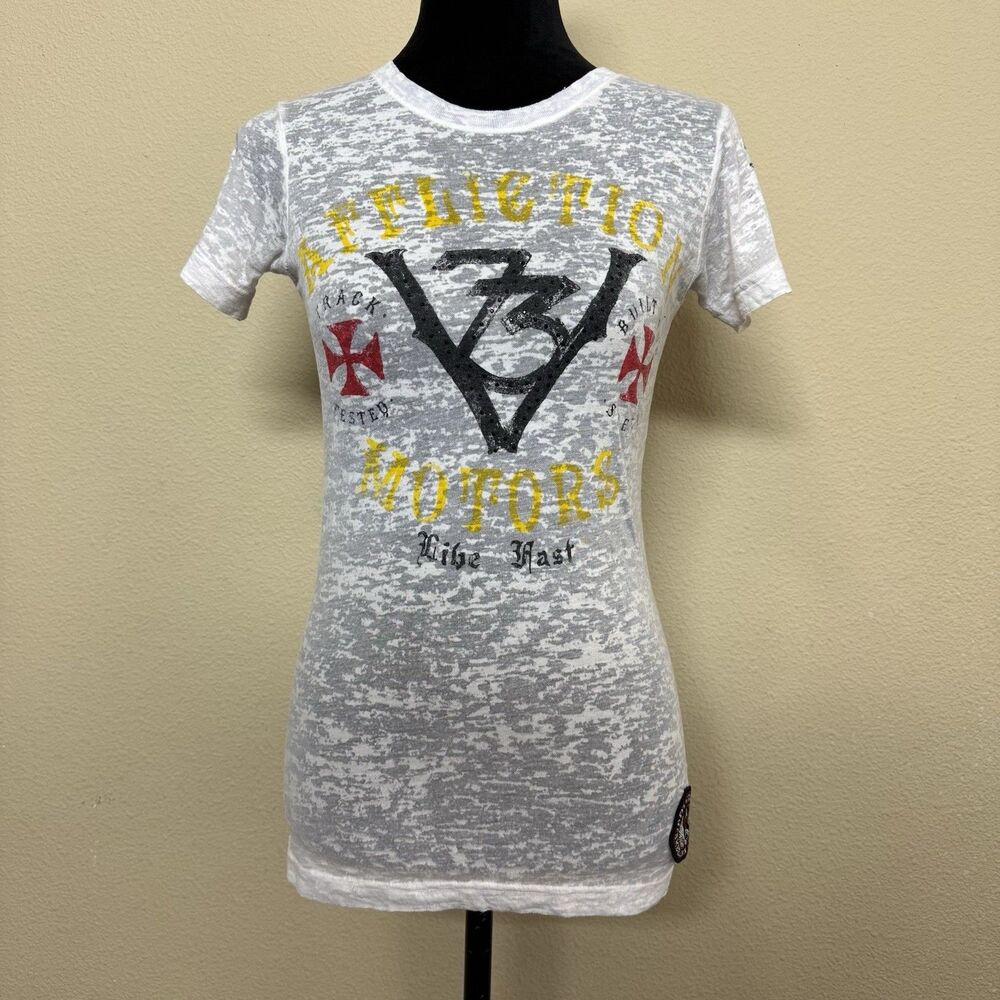 Affliction shirt women medium motors event sheer short sleeve crystals white